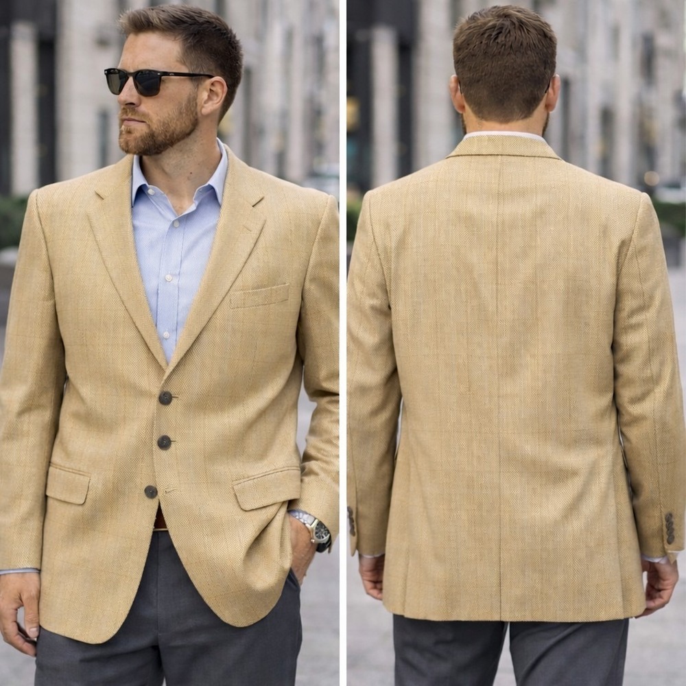 Jones New York‎ Silk Wool Blazer 44R Tan Sport Coat Classic Tailored Jacket